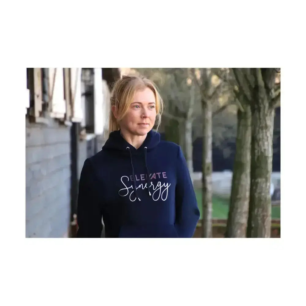 Navy blue cotton hoodie from hy equestrian synergy elevate range with white cursive embroidery synergy elevate hoodie