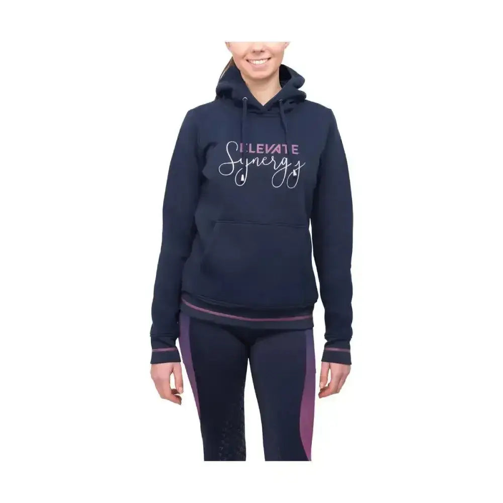 Navy blue cotton hoodie from hy equestrian synergy elevate range with white and pink cursive text synergy elevate hoodie