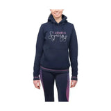 Navy blue cotton hoodie from hy equestrian synergy elevate range with white and pink cursive text synergy elevate hoodie