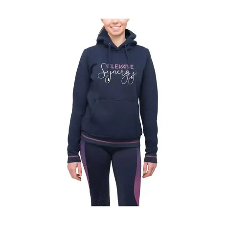Navy blue cotton hoodie from hy equestrian synergy elevate range with white and pink cursive text synergy elevate hoodie