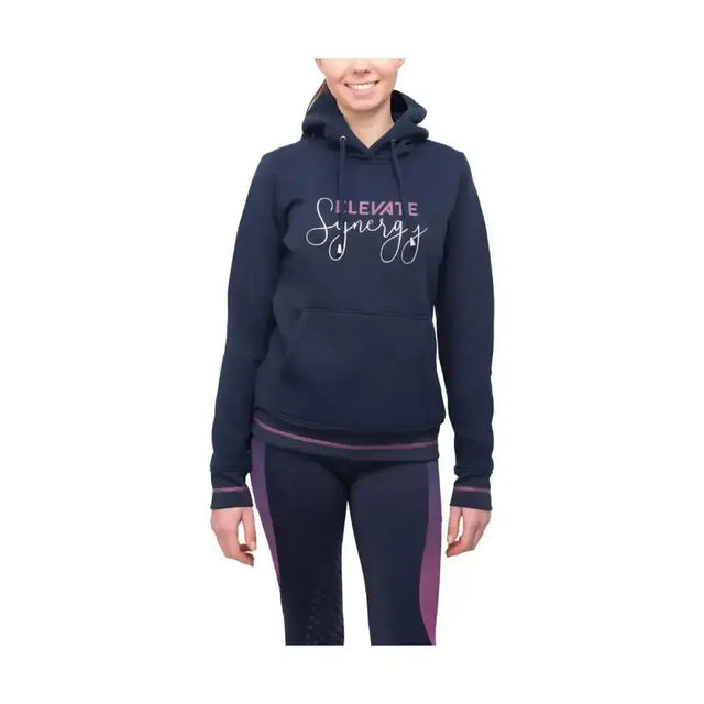 Navy blue cotton hoodie from hy equestrian synergy elevate range with white and pink cursive text synergy elevate hoodie