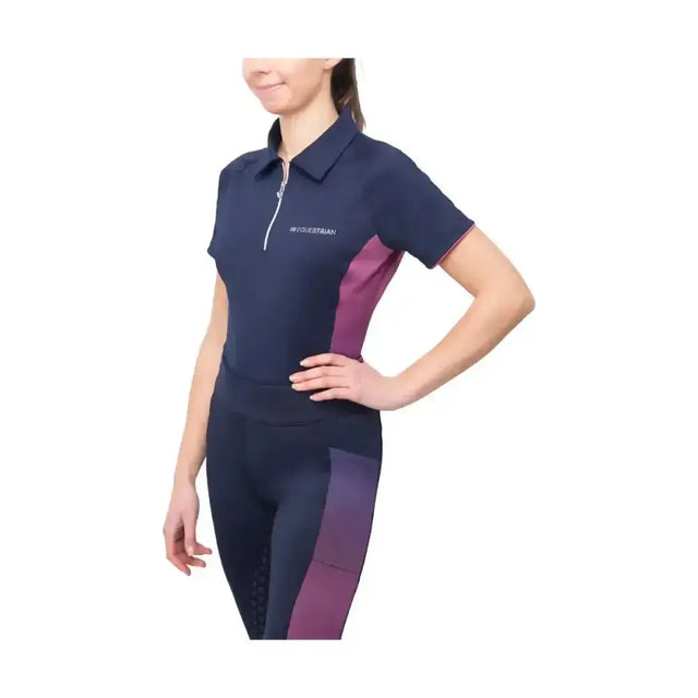 Navy blue and purple hy equestrian synergy elevate polo with white chest zipper and specialised moisture wicking fabric