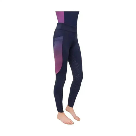 Navy blue and purple gradient synergy elevate riding tights with high waistband and side pocket featuring moisture wicking properties
