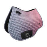 A gradient pink and gray quilted horse saddle pad with black trim from the synergy elevate collection by nh equestrian