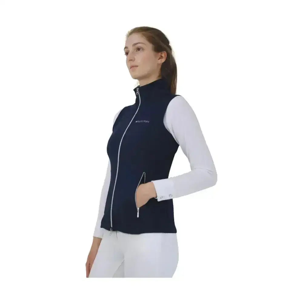 Navy blue hy equestrian synergy flex gilet with white zipper trim and 4-way stretch soft fabric for flexibility