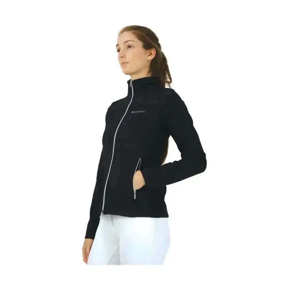 Black hy equestrian synergy flex jacket with silver zipper and subtle logo offers excellent 4-way flexibility fleece