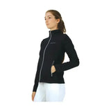 Black hy equestrian synergy flex jacket with silver zipper and subtle logo offers excellent 4-way flexibility fleece