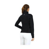 Black hy equestrian synergy flex jacket with subtle logo and excellent 4-way flexibility for riding comfort