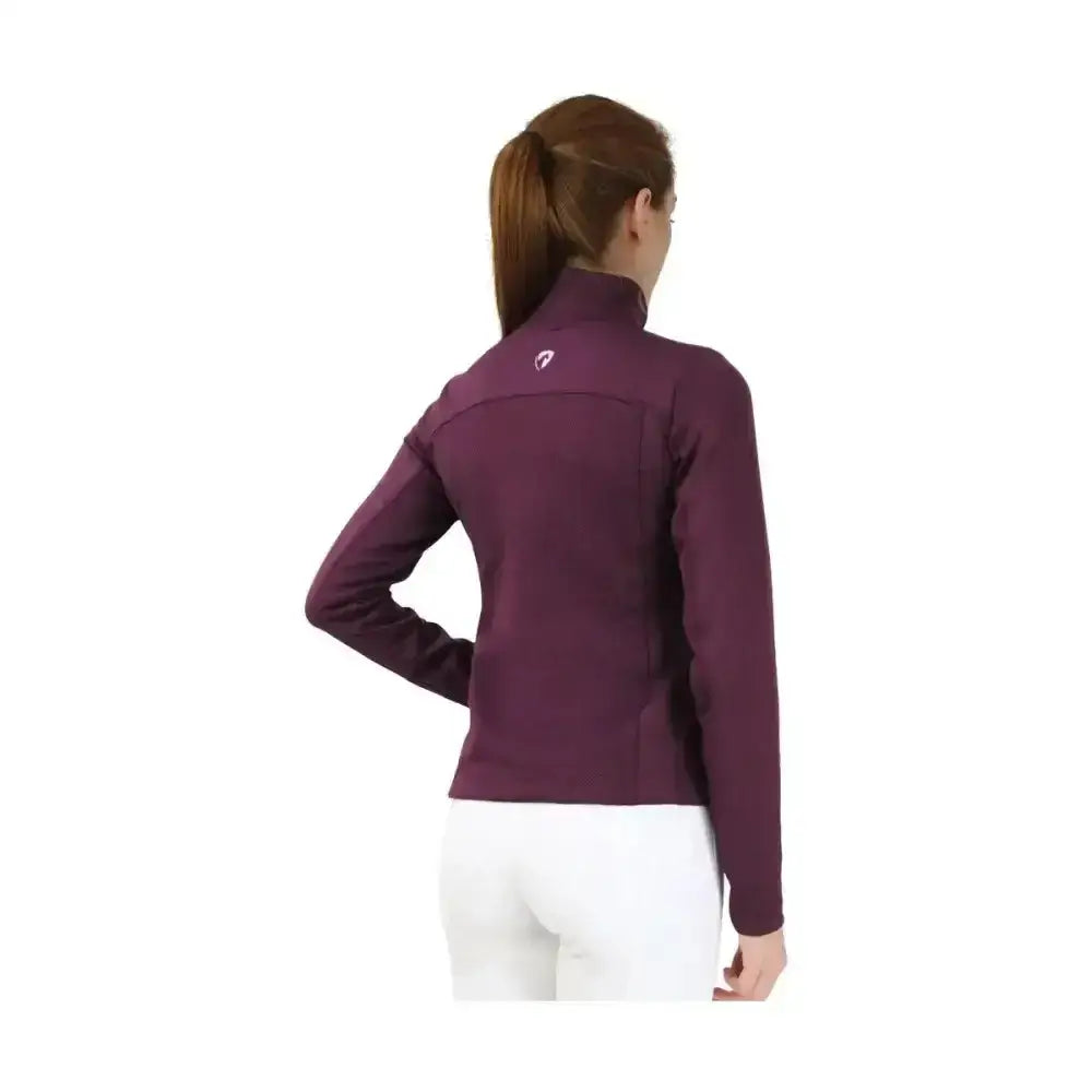 A maroon hy equestrian synergy flex jacket with a high collar and excellent 4-way flexibility for riding