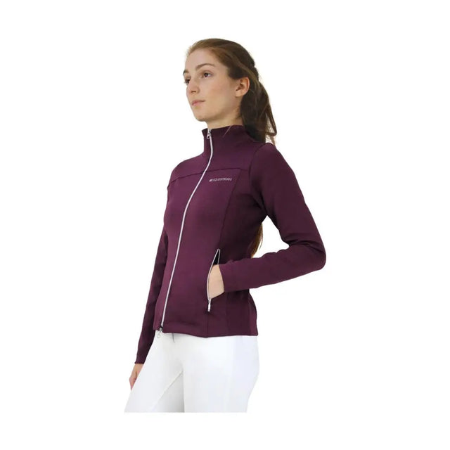 A maroon hy equestrian synergy flex jacket with white zipper accents and excellent 4-way flexibility for riders
