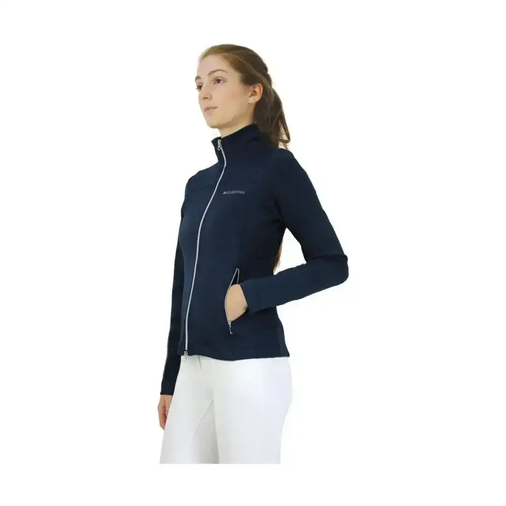 Navy blue hy equestrian synergy flex zip-up fleece jacket with white zipper and excellent 4-way flexibility