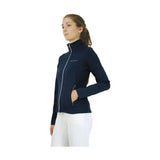 Navy blue hy equestrian synergy flex zip-up fleece jacket with white zipper and excellent 4-way flexibility