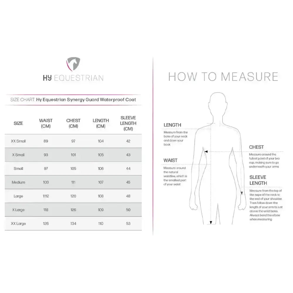 Hy equestrian synergy guard fitted long waterproof coat size chart with measurement guide for perfect sizing