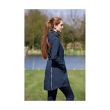 Navy blue hy equestrian synergy long rain jacket with fully waterproof material white zipper accents and hood