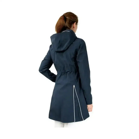 Navy blue Hy Equestrian Synergy Long rain jacket with white zipper trim and fully waterproof material