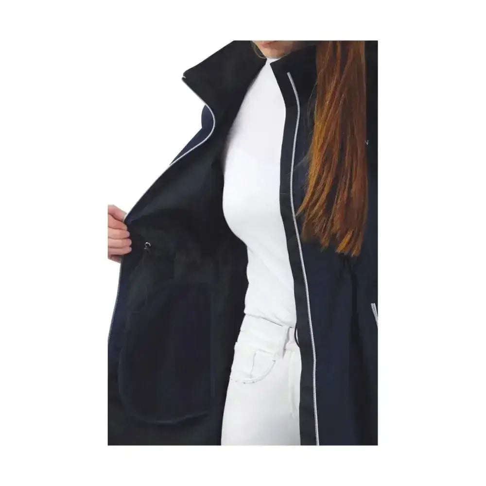 Navy blue hy equestrian synergy long rain jacket with white zipper trim high collar and fully waterproof material