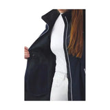 Navy blue hy equestrian synergy long rain jacket with white zipper trim high collar and fully waterproof material