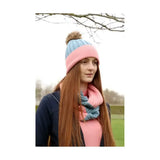 Pink and light blue striped knit stylish bobble hat with fluffy brown pom pom from hy equestrian synergy luxury line
