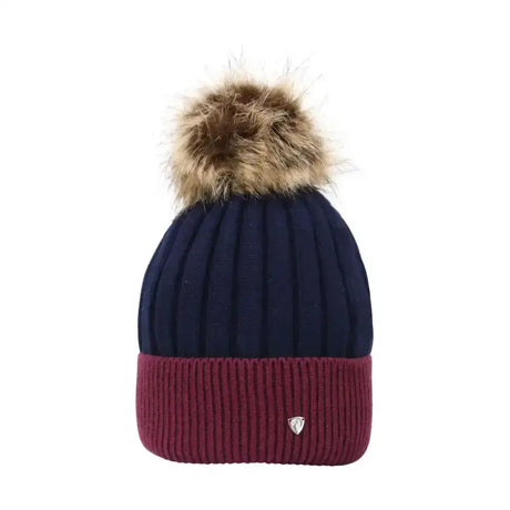 Navy blue and maroon ribbed knit Hy Equestrian synergy luxury bobble hat with fluffy brown faux fur pom pom for stylish wear
