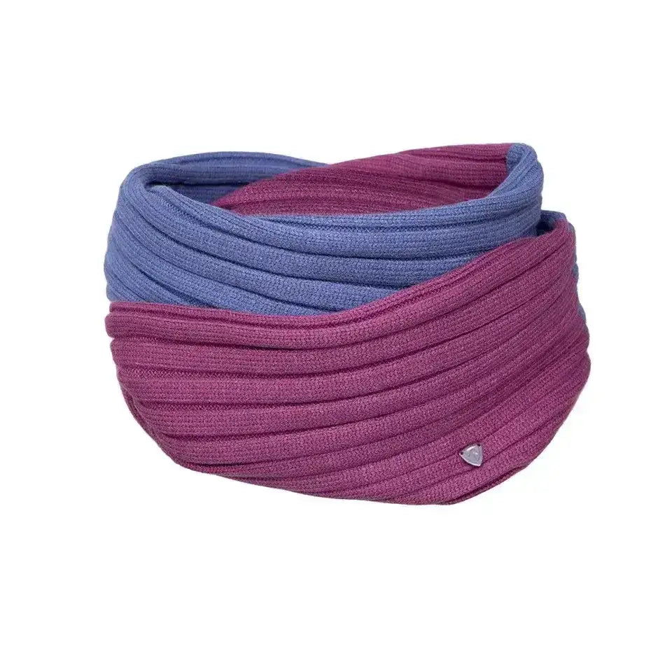 A cosy two tone snood ribbed knit infinity scarf in soft purple and muted blue with metallic logo tag by hy equestrian synergy luxury snood