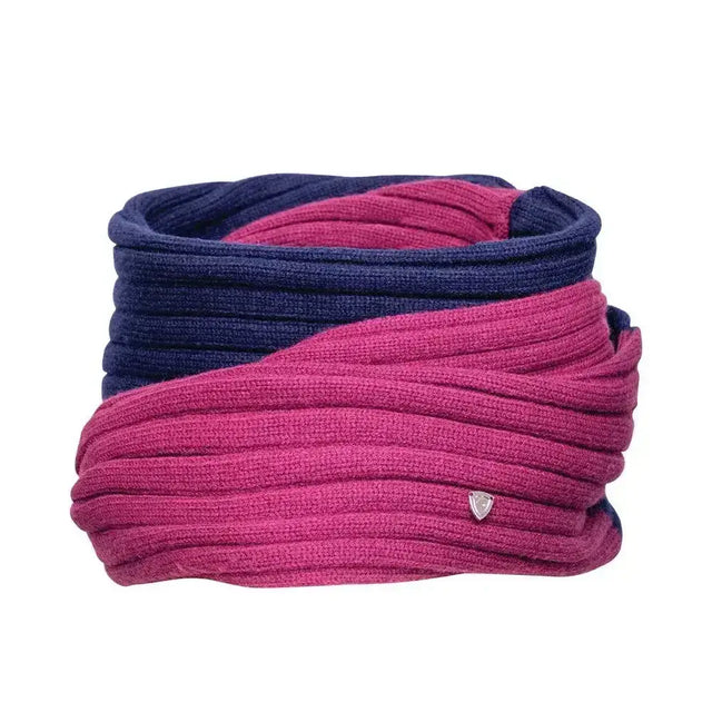 A cozy two tone snood in ribbed knit with magenta and navy stripes from hy equestrian synergy luxury snood collection