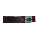 Maroon and mint green patterned leather synergy polo belt with geometric diamond design from the equestrian synergy collection