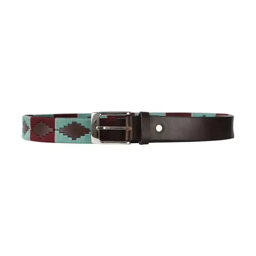 A maroon and teal woven belt with silver buckle from hy equestrian synergy polo belt collection