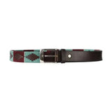 A maroon and teal woven belt with silver buckle from hy equestrian synergy polo belt collection