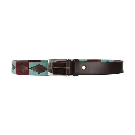 A maroon and teal woven belt with silver buckle from hy equestrian synergy polo belt collection