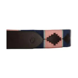 A pink and navy blue woven synergy polo belt with a dark brown geometric diamond pattern from the synergy collection