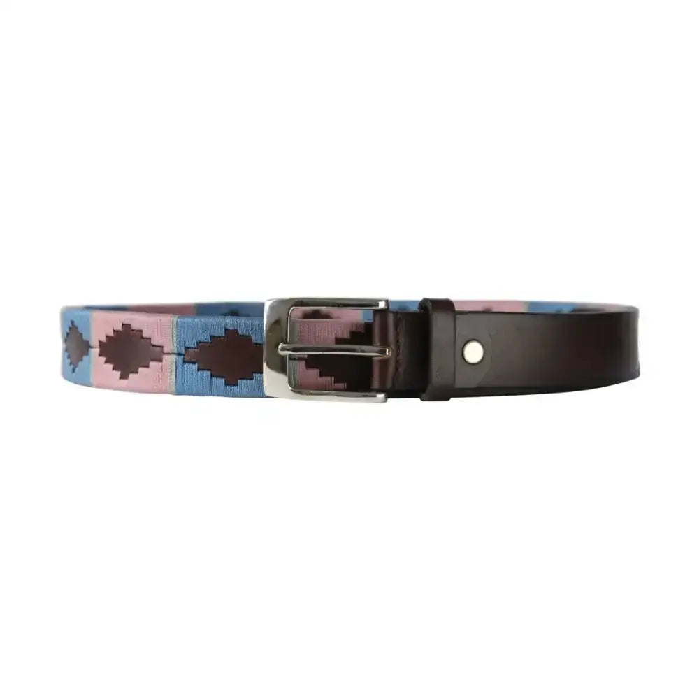 A stylish woven synergy polo belt in pink blue and brown with a silver buckle from the Hy Equestrian synergy collection