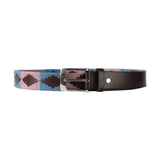 A stylish woven synergy polo belt in pink blue and brown with a silver buckle from the Hy Equestrian synergy collection