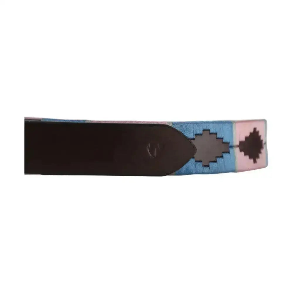 A stylish woven synergy polo belt in light blue pink and brown durable fabric from the hy equestrian synergy collection