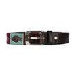 A maroon and teal patterned leather synergy polo belt with silver buckle from the equestrian synergy polo collection