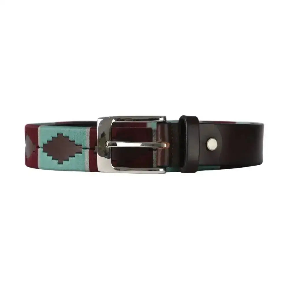A maroon and teal leather synergy polo belt with a silver buckle from the equestrian synergy polo collection