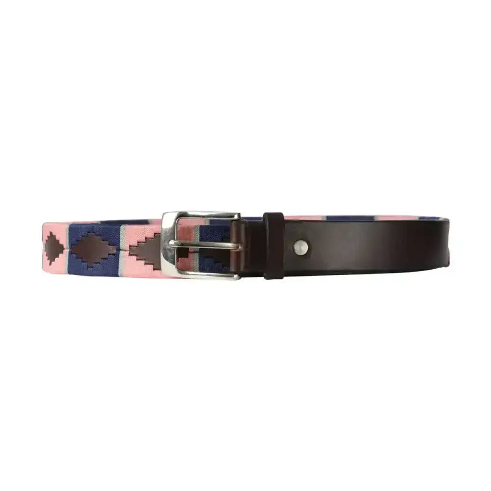 Hy equestrian synergy polo belt with pink navy blue and brown geometric woven pattern and silver buckle