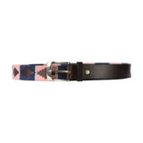 Hy equestrian synergy polo belt with pink navy blue and brown geometric woven pattern and silver buckle