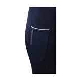 Navy blue Hy Equestrian synergy riding tights with white-trimmed side pocket and silver h&g equestrian branding allow unrestricted movement