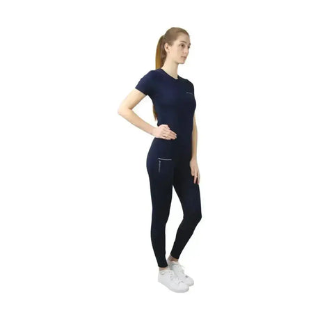 Navy blue hy equestrian synergy riding tights two-piece with short sleeves and white zippers allow unrestricted movement