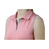 Pink hy equestrian synergy sleeveless polo shirt with light gray trim and embroidered logo on chest for riding comfort