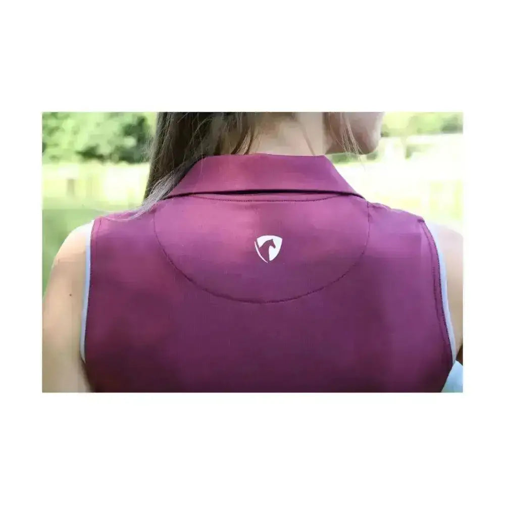 Purple hy equestrian synergy sleeveless polo vest shown from the back with white logo perfect for riding gear