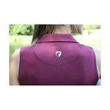 Purple hy equestrian synergy sleeveless polo vest shown from the back with white logo perfect for riding gear