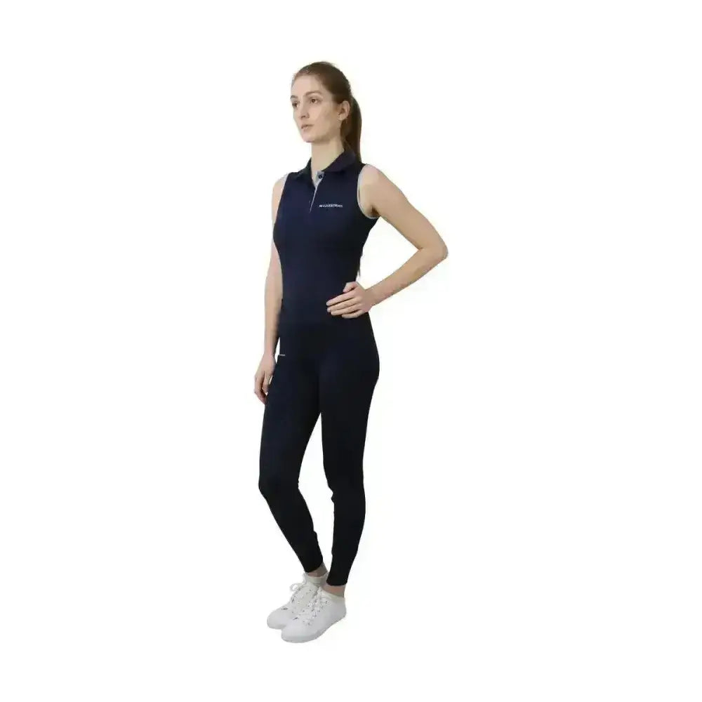 Navy blue hy equestrian synergy sleeveless polo with zipper collar and white logo showcasing sleeveless polo features