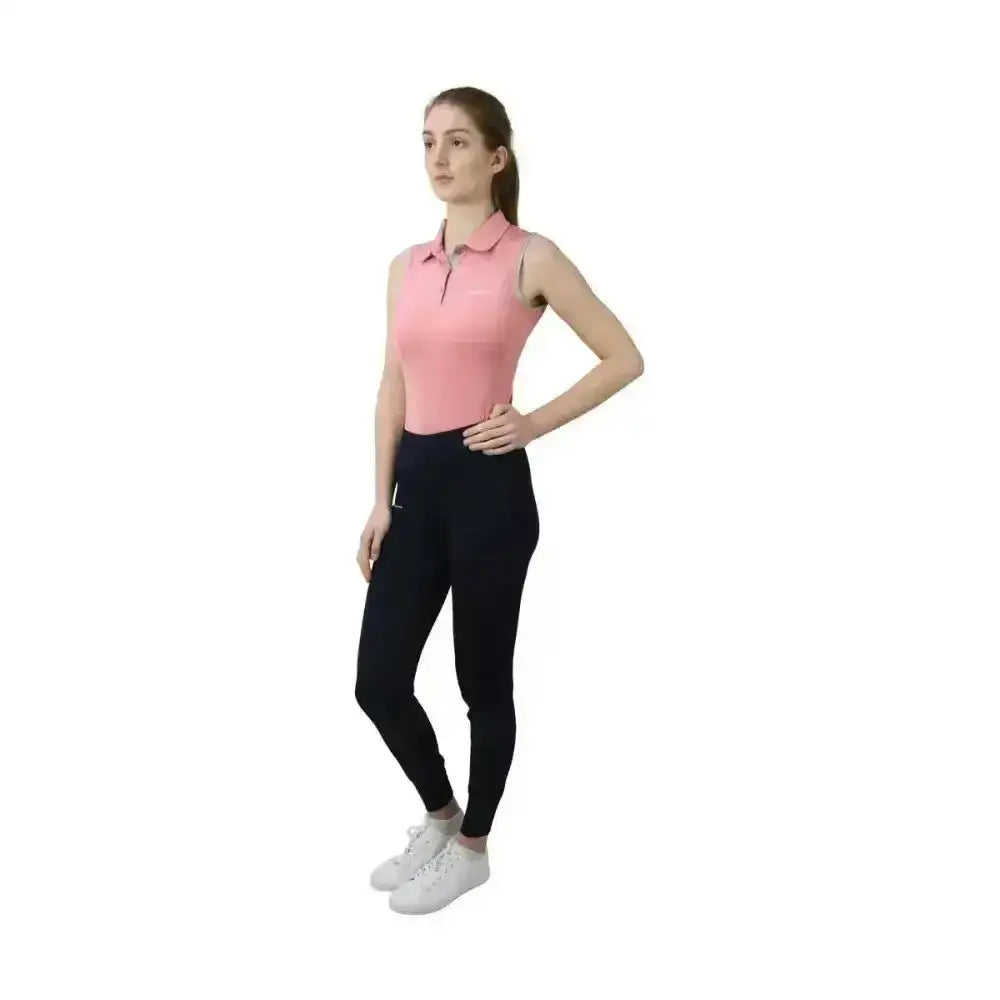 Pink hy equestrian synergy sleeveless polo shirt with collar and subtle branding features sporty sleeveless polo features