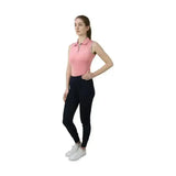 Pink hy equestrian synergy sleeveless polo shirt with collar and subtle branding features sporty sleeveless polo features