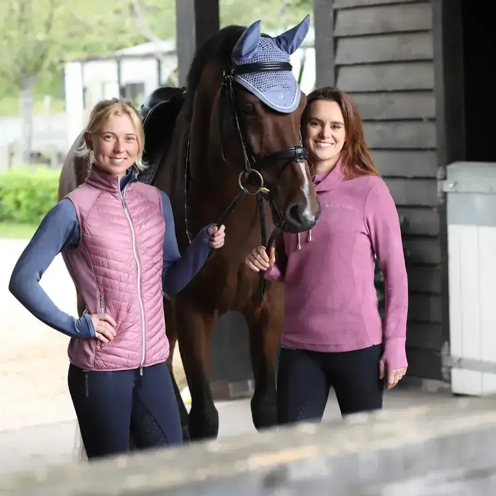 Blue mesh horse ear cover paired with hy equestrian synergy sync lightweight padded gilet for equestrian use