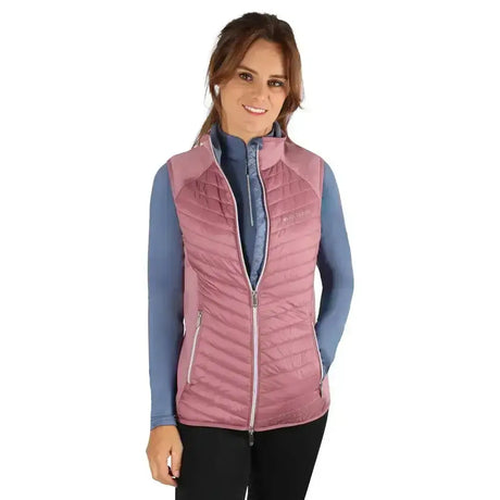 Pink quilted hy equestrian synergy sync lightweight padded gilet with blue inner collar and zipper accents