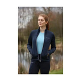 Navy blue zip-up track jacket with light blue lining and white zippers perfect for equestrian synergy t-shirt aqua fans