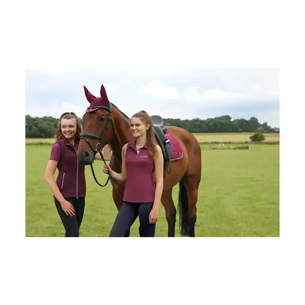 The horse wears a maroon ear cover and saddle pad matching the hy equestrian synergy t-shirt fig design