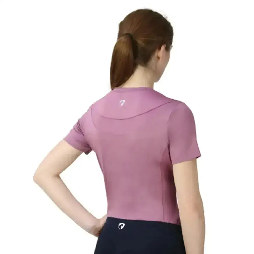 Back of a soft lavender hy equestrian synergy t-shirt grape with short sleeves collar and branded logo in super soft material